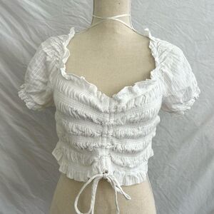 Japna White Cinched Smocked Crop Top Large